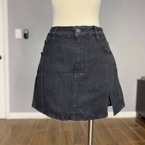 Luvamia Women Black High Waist Denim Mini Skort Side Split, L